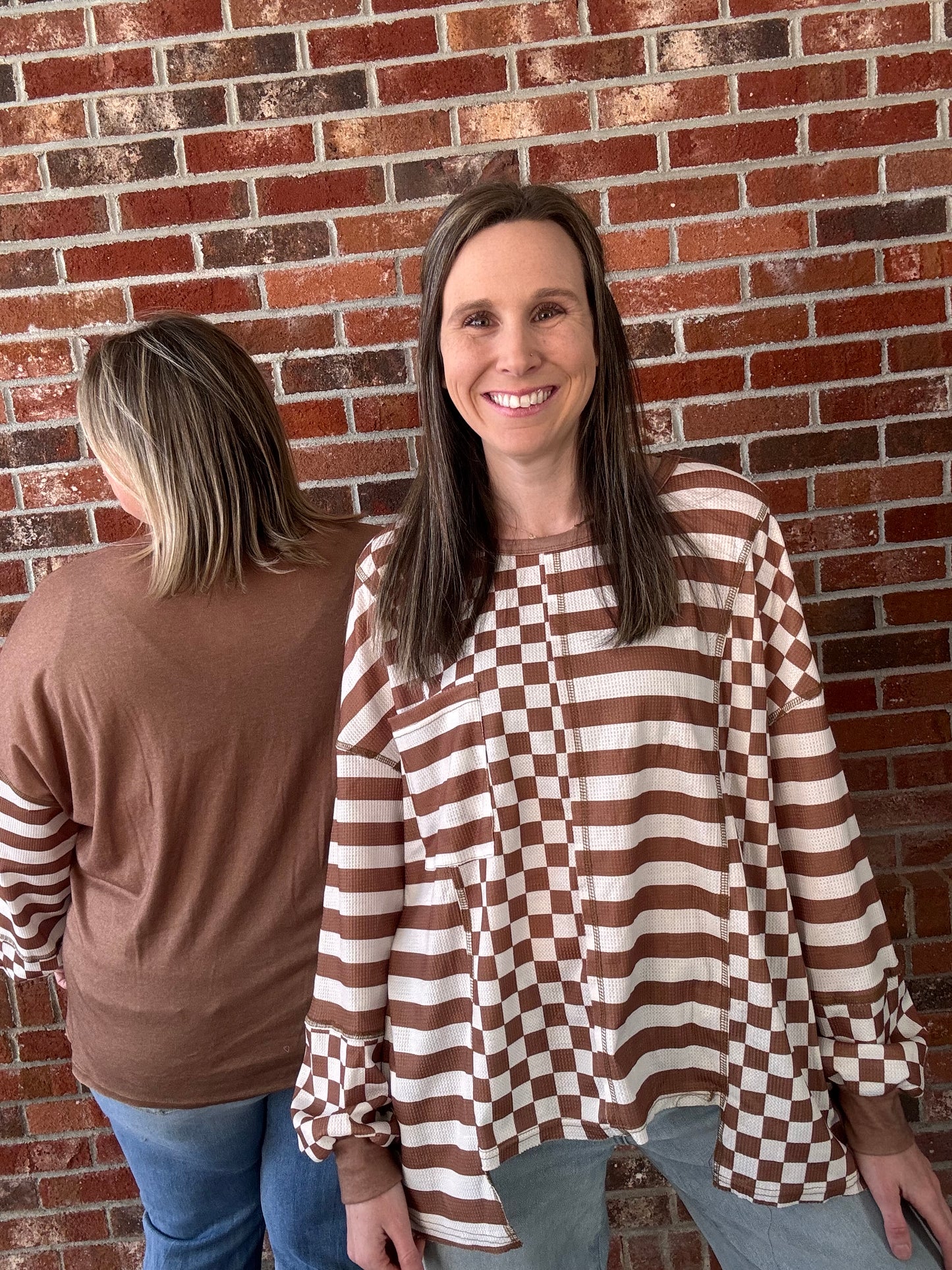 Khaki Checkerboard Striped Top