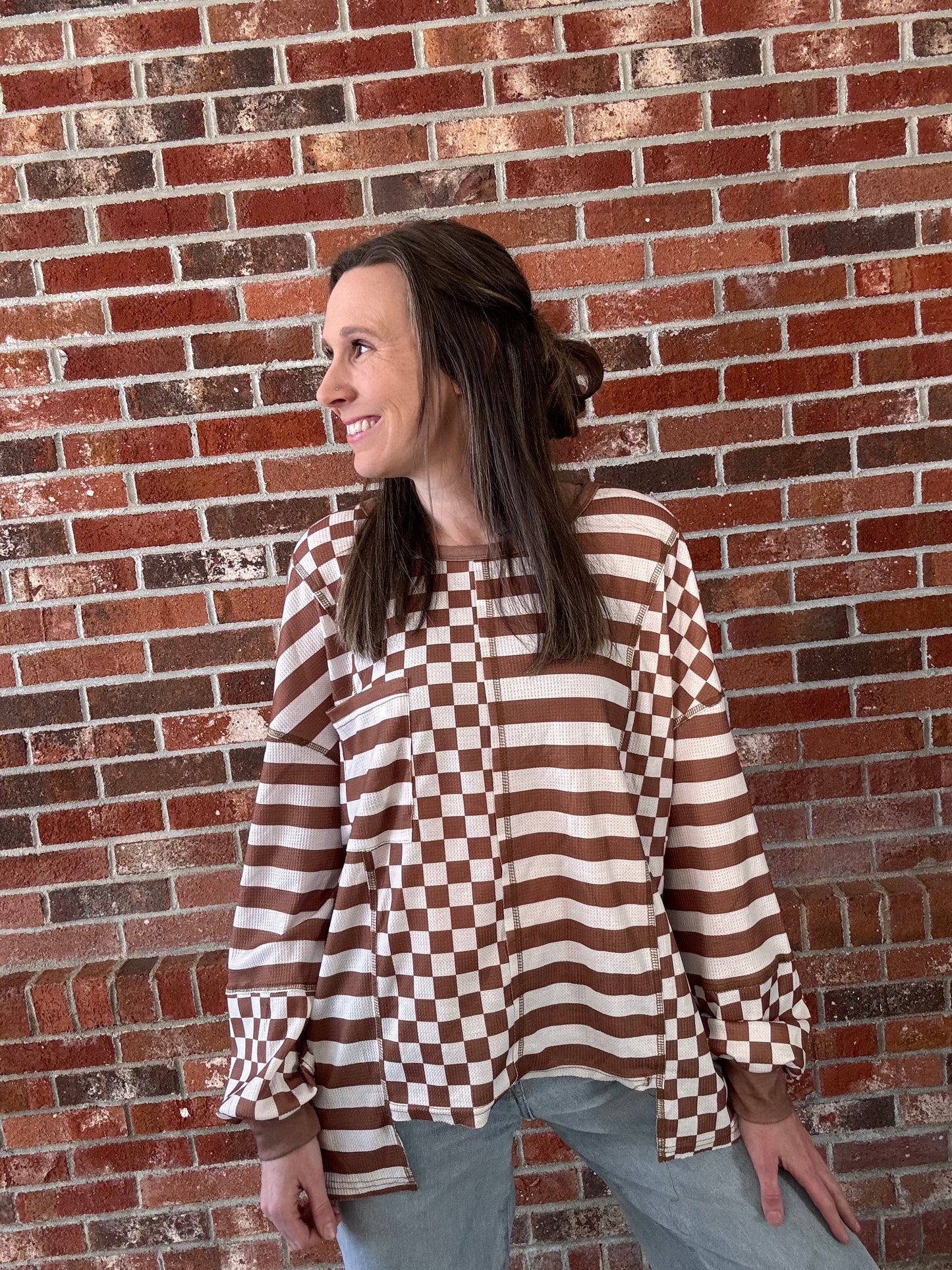Khaki Checkerboard Striped Top