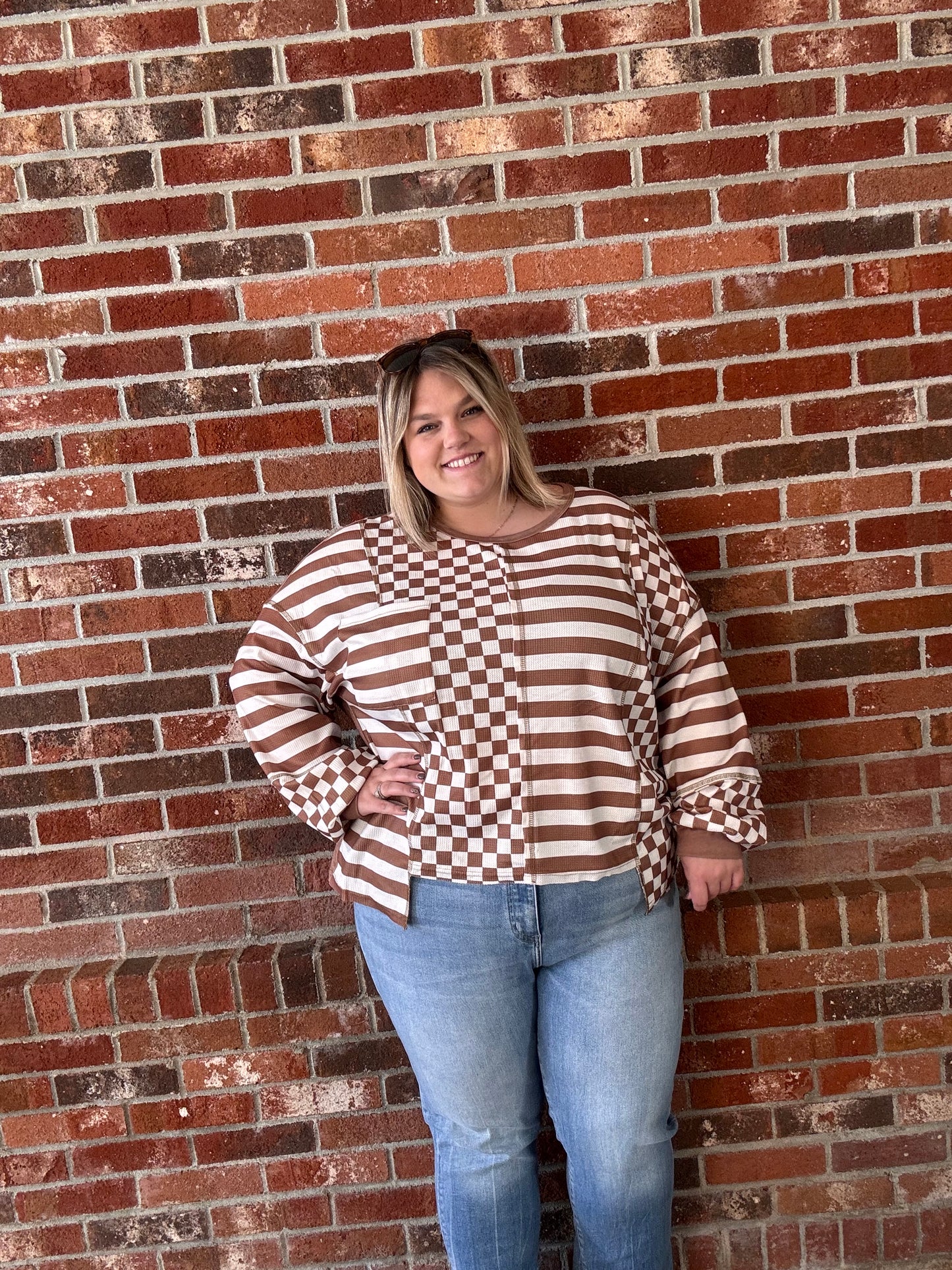 Khaki Checkerboard Striped Top