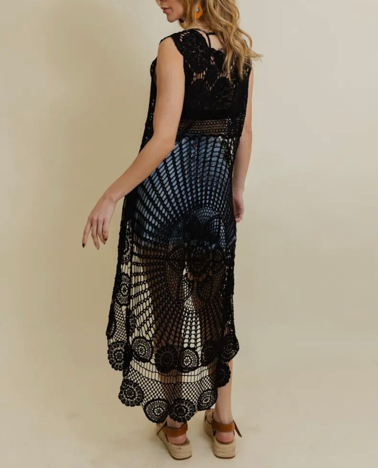 Black Boho Crotchet Long Back Vest