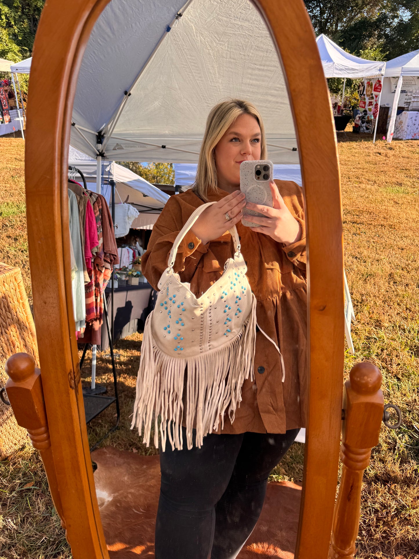 Studded Pattern Fringe Shoulder Bag