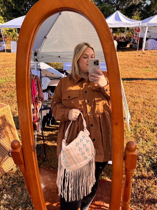 Studded Pattern Fringe Shoulder Bag