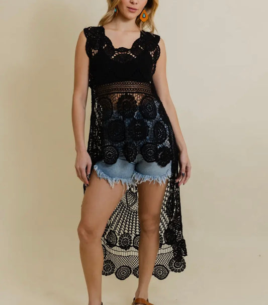Black Boho Crotchet Long Back Vest