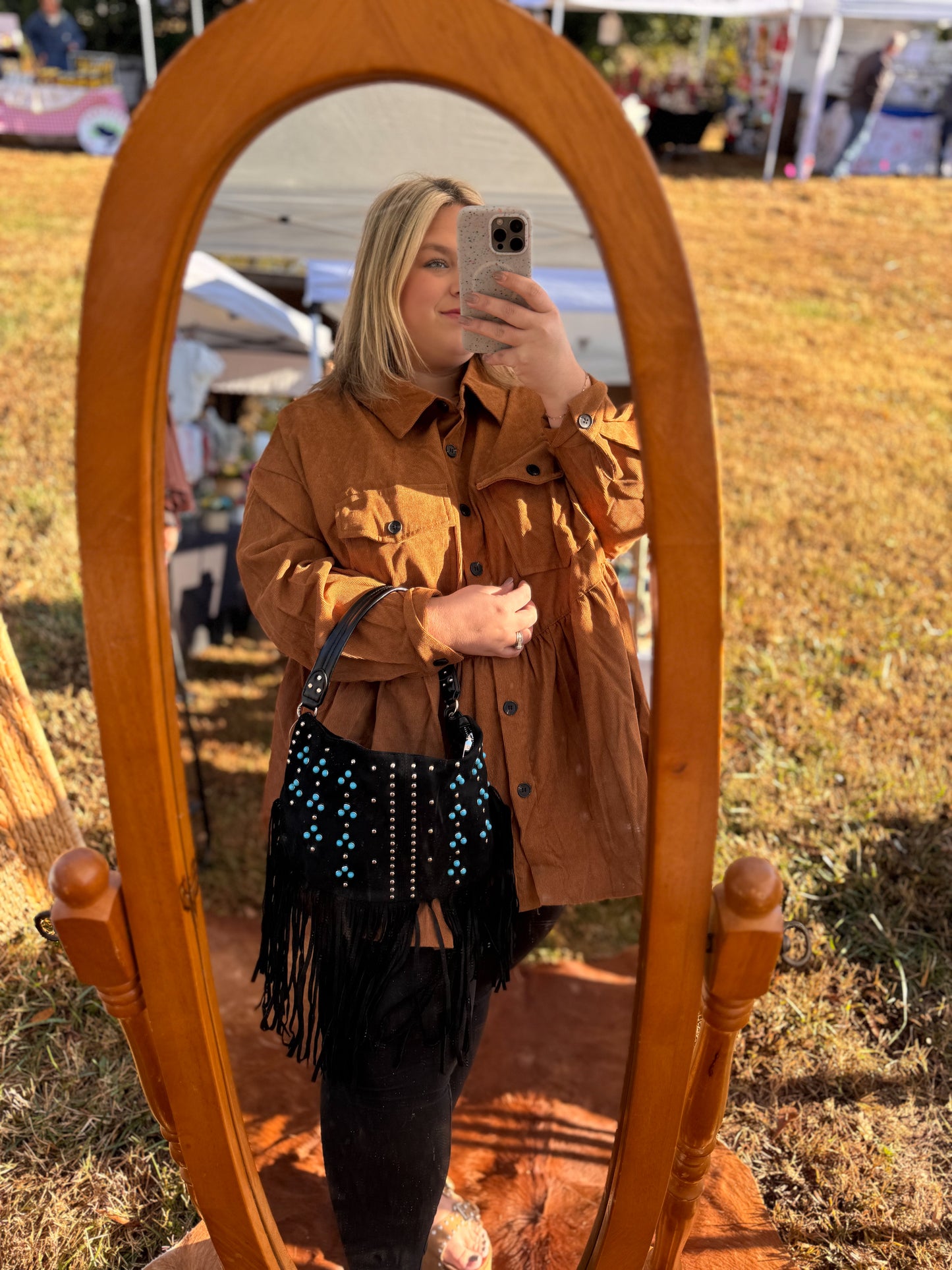 Studded Pattern Fringe Shoulder Bag