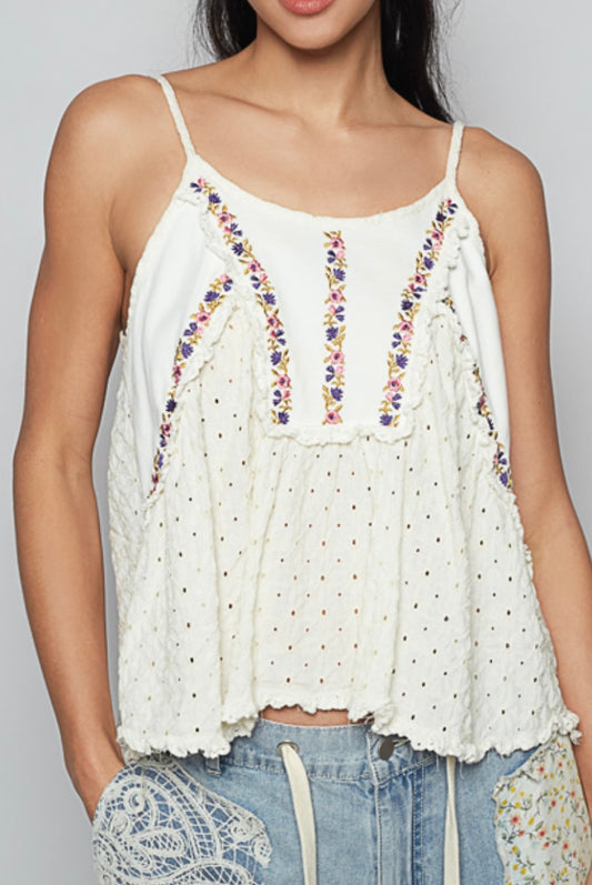 White Thin Strap Floral Top