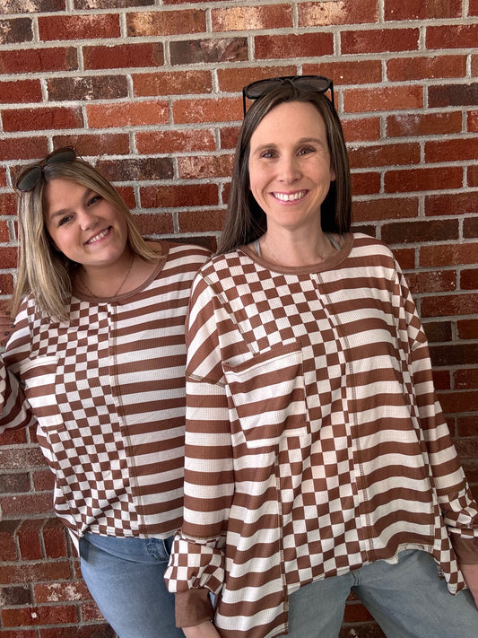Khaki Checkerboard Striped Top
