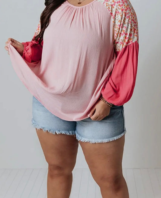 Plus Size Floral ColorBlock Long Sleeve Blouse