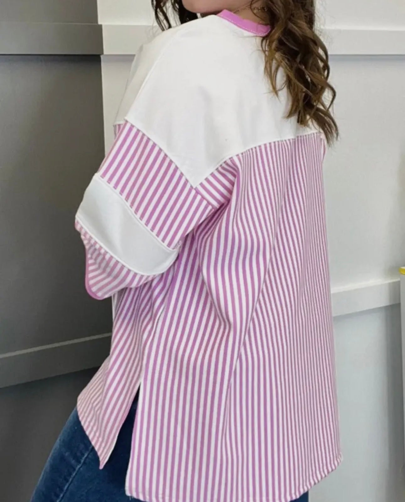 Plus Size Stripe Patchwork 3/4 Sleeve T-Shirt